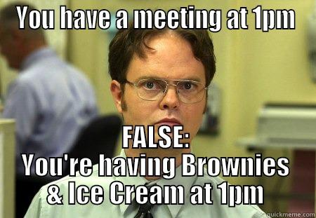 Office life - YOU HAVE A MEETING AT 1PM FALSE: YOU'RE HAVING BROWNIES & ICE CREAM AT 1PM Schrute