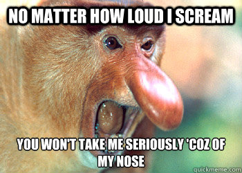 NO MATTER HOW LOUD I SCREAM YOU WON'T TAKE ME SERIOUSLY 'COZ OF MY NOSE - NO MATTER HOW LOUD I SCREAM YOU WON'T TAKE ME SERIOUSLY 'COZ OF MY NOSE  Proboscis Monkey Nose