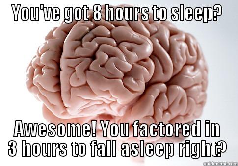 YOU'VE GOT 8 HOURS TO SLEEP? AWESOME! YOU FACTORED IN 3 HOURS TO FALL ASLEEP RIGHT? Scumbag Brain