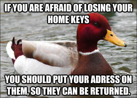If you are afraid of losing your home keys you should put your adress on them, so they can be returned.  Malicious Advice Mallard