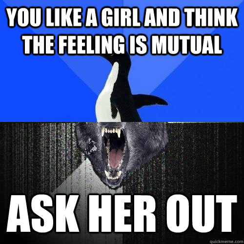 You like a girl and think the feeling is mutual ask her out  Socially Insane Penguin