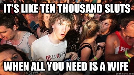It's like Ten Thousand Sluts When all you need is a wife  Sudden Clarity Clarence