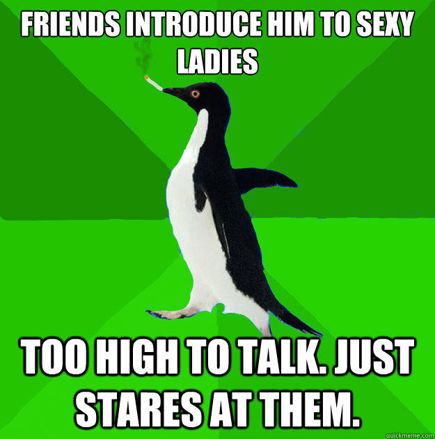 FriEnds introduce him to sexy ladies Too high to talk. Just stares at them. - FriEnds introduce him to sexy ladies Too high to talk. Just stares at them.  Stoner Penguin