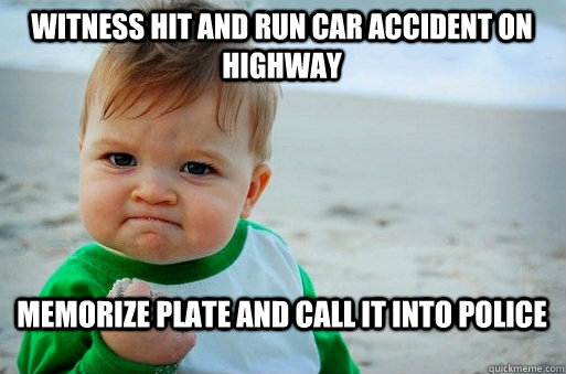 Witness hit and run car accident on highway memorize plate and call it into police - Witness hit and run car accident on highway memorize plate and call it into police  success baby meme