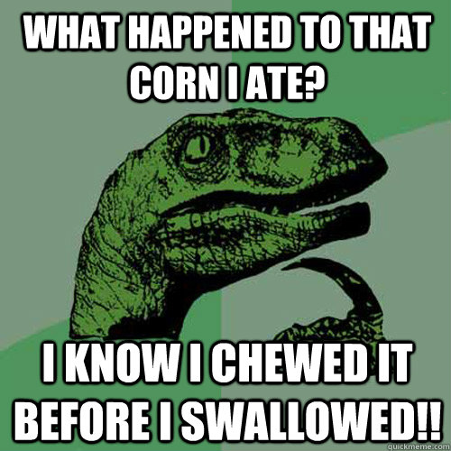 What happened to that corn i ate? I know i chewed it before i swallowed!!  Philosoraptor