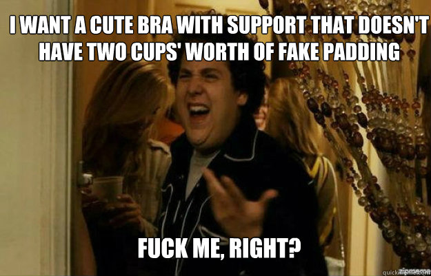 I want a cute bra with support that doesn't have two cups' worth of fake padding FUCK ME, RIGHT?  fuck me right