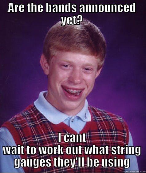 ARE THE BANDS ANNOUNCED YET? I CANT WAIT TO WORK OUT WHAT STRING GAUGES THEY'LL BE USING Bad Luck Brian