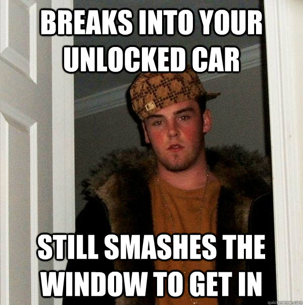 Breaks into your unlocked car Still smashes the window to get in  Scumbag Steve
