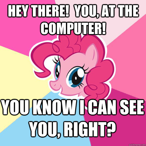 Hey there!  You, at the computer! You know I can see you, right?  Pinkie Pie