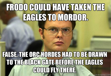 Frodo could have taken the eagles to mordor. False. The orc hordes had to be drawn to the black gate before the eagles could fly there.  Dwight