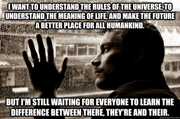 I want to understand the rules of the universe, to understand the meaning of life, and make the future a better place for all humankind. But I'm still waiting for everyone to learn the difference between there, they're and their. - I want to understand the rules of the universe, to understand the meaning of life, and make the future a better place for all humankind. But I'm still waiting for everyone to learn the difference between there, they're and their.  Overeducated problems