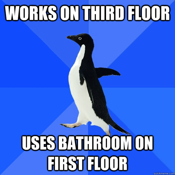 Works on third floor Uses bathroom on first floor  Socially Awkward Penguin