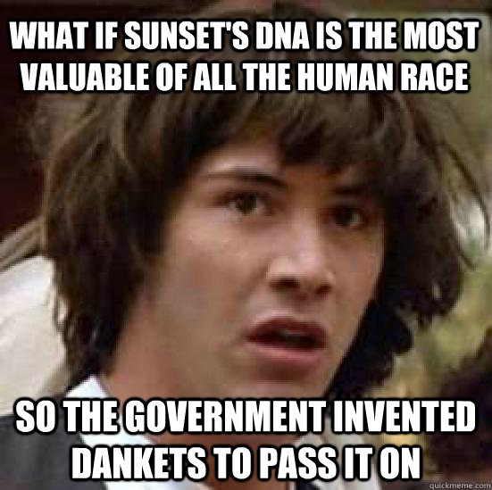 What if sunset's DNA is the most valuable of all the human race  so the government invented dankets to pass it on  conspiracy keanu