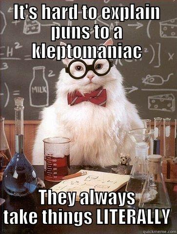 IT'S HARD TO EXPLAIN PUNS TO A KLEPTOMANIAC THEY ALWAYS TAKE THINGS LITERALLY Chemistry Cat