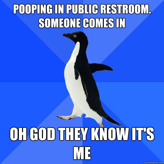 pooping in public restroom.
someone comes in oh god they know it's me  Socially Awkward Penguin