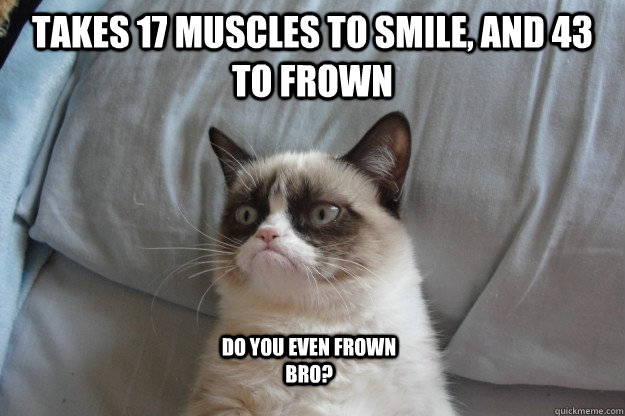 takes 17 muscles to smile, and 43 to frown Do you even frown bro?  GrumpyCatOL