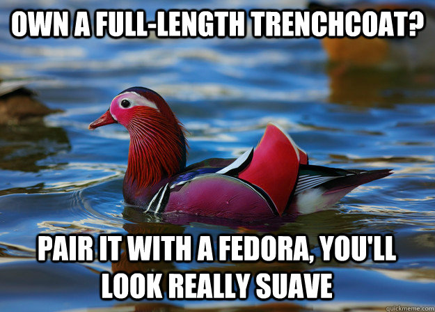 Own a full-length trenchcoat? Pair it with a fedora, you'll look really suave  Malicious Fashion Advice Mallard