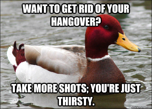Want to get rid of your hangover? take more shots; you're just thirsty.  Malicious Advice Mallard