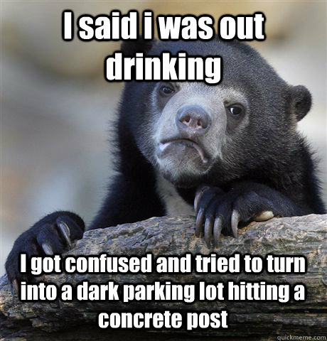 I said i was out drinking I got confused and tried to turn into a dark parking lot hitting a concrete post   Confession Bear