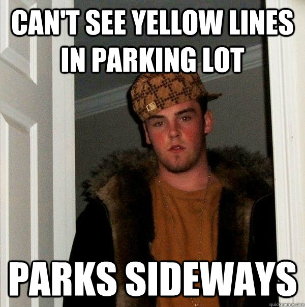 can't see yellow lines in parking lot parks sideways  Scumbag Steve