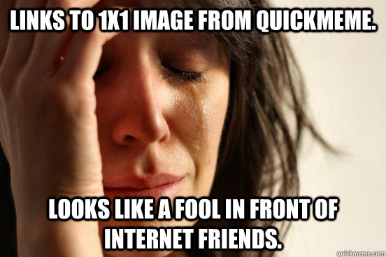 Links to 1x1 image from QuickMeme. Looks like a fool in front of internet friends.  First World Problems