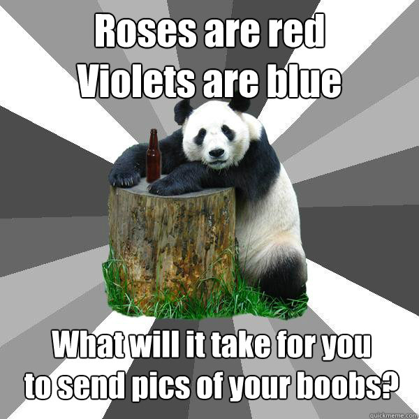 Roses are red
Violets are blue What will it take for you
to send pics of your boobs?
 - Roses are red
Violets are blue What will it take for you
to send pics of your boobs?
  Pickup-Line Panda