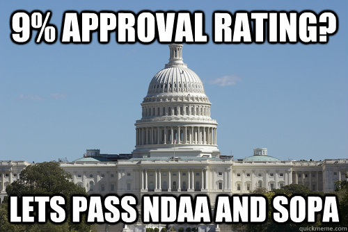 9% Approval Rating? Lets pass NDAA and SOPA - 9% Approval Rating? Lets pass NDAA and SOPA  Scumbag Congress