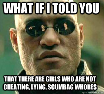 what if i told you that there are girls who are not cheating, lying, scumbag whores - what if i told you that there are girls who are not cheating, lying, scumbag whores  Matrix Morpheus
