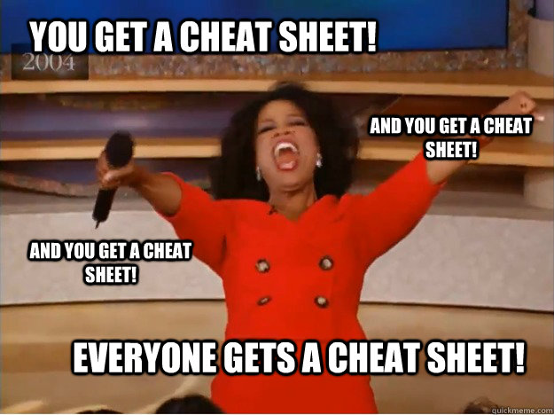You get a cheat sheet! everyone gets a cheat sheet! and you get a cheat sheet! and you get a cheat sheet! - You get a cheat sheet! everyone gets a cheat sheet! and you get a cheat sheet! and you get a cheat sheet!  oprah you get a car