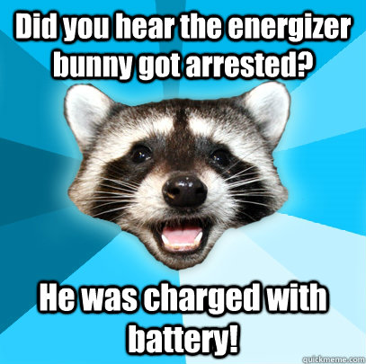 Did you hear the energizer bunny got arrested? He was charged with battery!  Lame Pun Coon