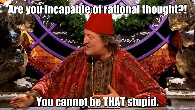 Are you incapable of rational thought?! You cannot be THAT stupid. - Are you incapable of rational thought?! You cannot be THAT stupid.  Stephen Fry