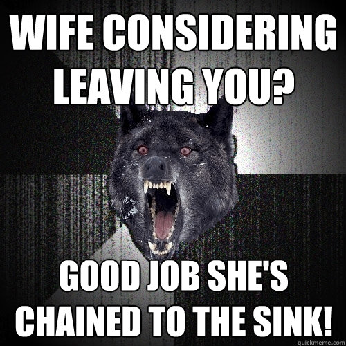 Wife considering leaving you? Good job she's chained to the sink!  Insanity Wolf