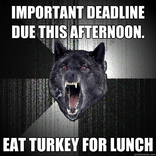 Important Deadline due this afternoon. EAT TURKEY FOR LUNCH  Insanity Wolf