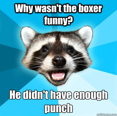 Why wasn't the boxer funny? He didn't have enough punch - Why wasn't the boxer funny? He didn't have enough punch  Lame Pun Coon