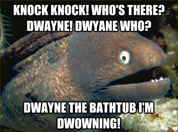 KNOCK KNOCK! who's there? DWAYNE! dwyane who? DWAYNE THE BATHTUB I'M DWOWNING!  Bad Joke Eel