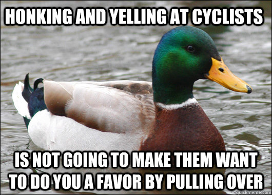 honking and yelling at cyclists is not going to make them want to do you a favor by pulling over  Actual Advice Mallard