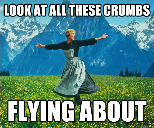 look at all these crumbs flying about  Look at all these fucks