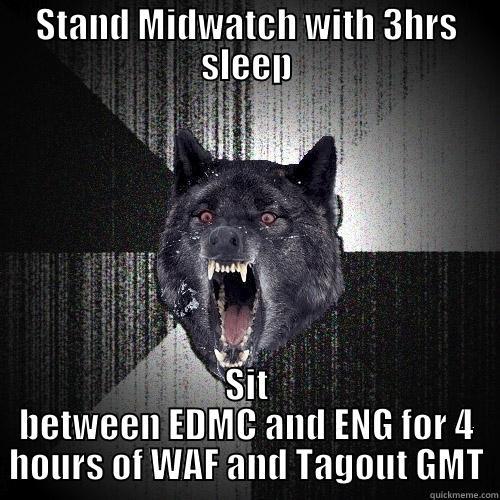 STAND MIDWATCH WITH 3HRS SLEEP SIT BETWEEN EDMC AND ENG FOR 4 HOURS OF WAF AND TAGOUT GMT Insanity Wolf