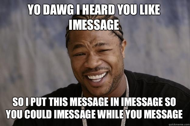 Yo dawg I heard you like iMessage  So I put this message in iMessage so you could imessage while you Message   Xzibit meme