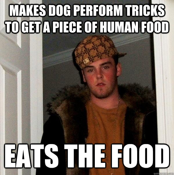 Makes dog perform tricks to get a piece of human food eats the food  Scumbag Steve