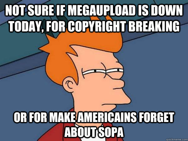 Not sure if megaupload is down today, for copyright breaking or for make americains forget about sopa  Futurama Fry