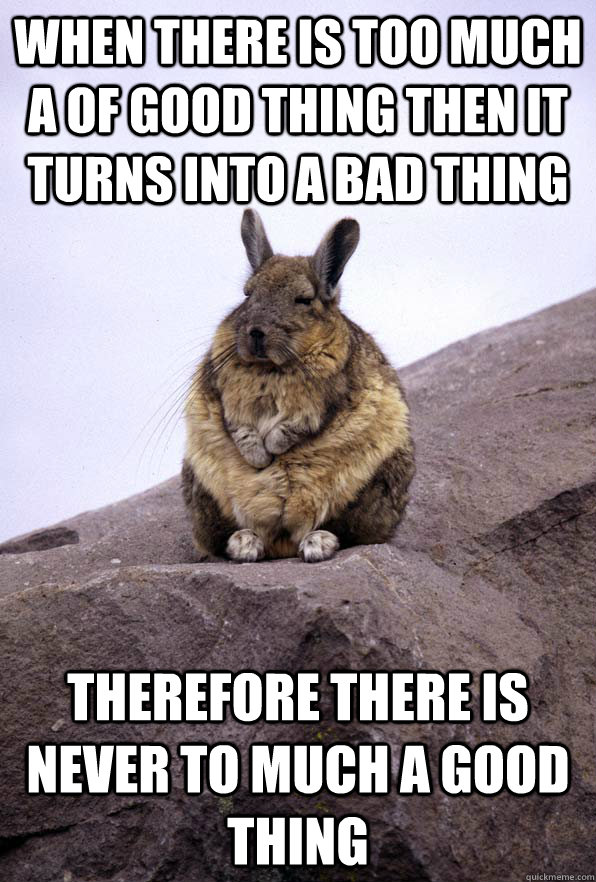 when there is too much a of good thing then it turns into a bad thing therefore there is never to much a good thing  Wise Wondering Viscacha