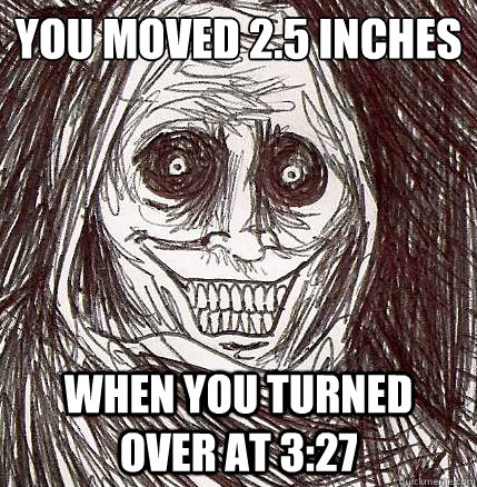 You moved 2.5 inches
 When you turned over at 3:27  Horrifying Houseguest