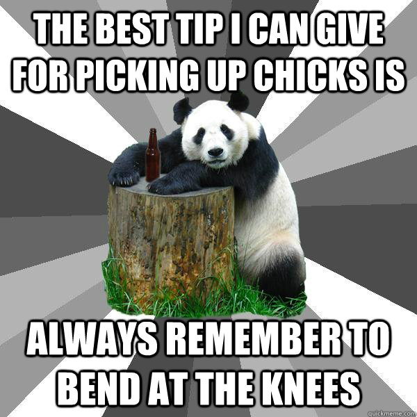 THE BEST TIP I CAN GIVE FOR PICKING UP CHICKS IS ALWAYS REMEMBER TO BEND AT THE KNEES - THE BEST TIP I CAN GIVE FOR PICKING UP CHICKS IS ALWAYS REMEMBER TO BEND AT THE KNEES  Pickup-Line Panda