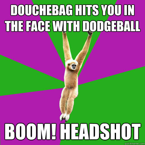 Douchebag hits you in the face with dodgeball BOOM! HEADSHOT  Over-used quote gibbon