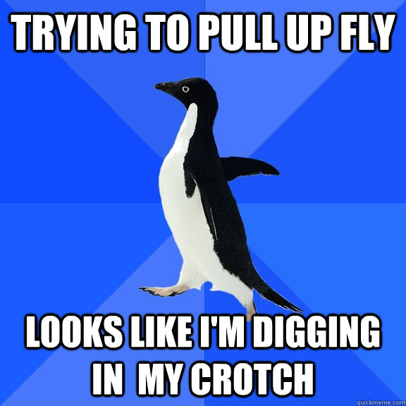 Trying to pull up fly looks like I'm digging in  my crotch   Socially Awkward Penguin