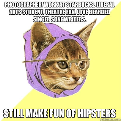 Photographer. Work at Starbucks. Liberal Arts Student. Theatre Fan. Love Bearded Singer Songwriters. STILL MAKE FUN OF HIPSTERS  Hipster Kitty