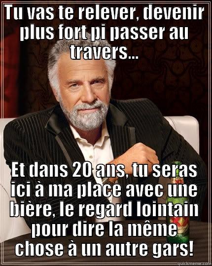 TU VAS TE RELEVER, DEVENIR PLUS FORT PI PASSER AU TRAVERS… ET DANS 20 ANS, TU SERAS ICI À MA PLACE AVEC UNE BIÈRE, LE REGARD LOINTAIN POUR DIRE LA MÊME CHOSE À UN AUTRE GARS! The Most Interesting Man In The World