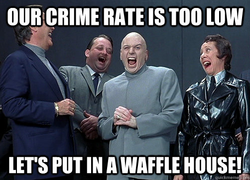 our crime rate is too low Let's put in a waffle house!  Dr Evil and minions