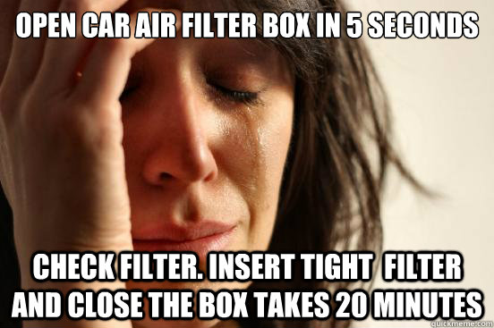 open car air filter box in 5 seconds check filter. insert tight  filter and close the box Takes 20 minutes  First World Problems